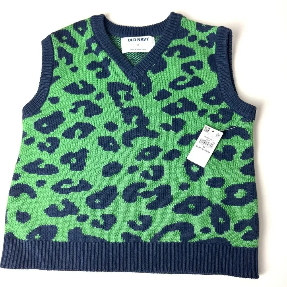 Old Navy Green and Blue Leopard Print Sleeveless V Front Sweater Vest   Sz 2T